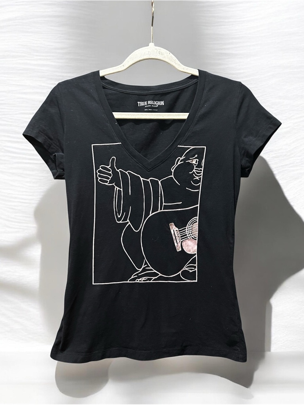 True Religion Black V-Neck Graphic Tee with Pink Accent Small